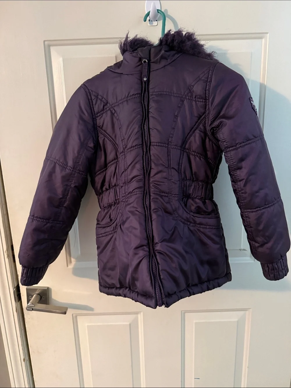 Girls' Purple Puffer Coat with Faux Fur Trim